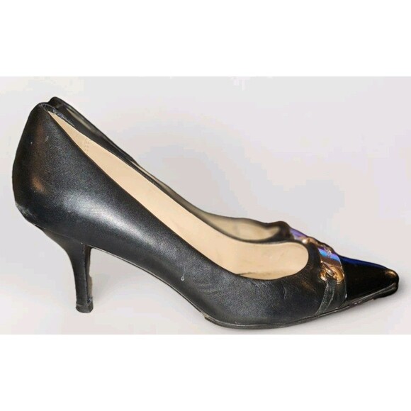 COACH Bowery Black Patent Cap Toe Soft Lambskin Pumps Kitten Heels Gold Sz 6.5 B - Picture 10 of 10